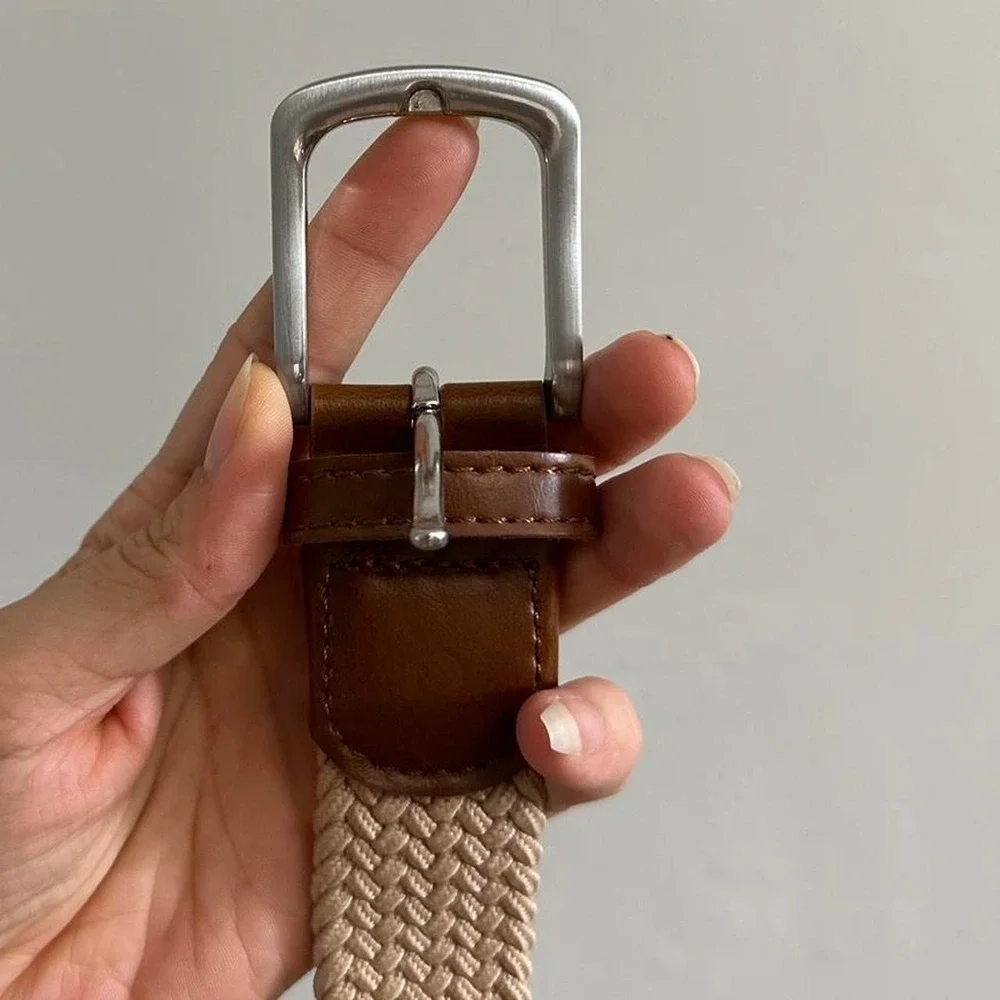 Brown leather and beige knit belt